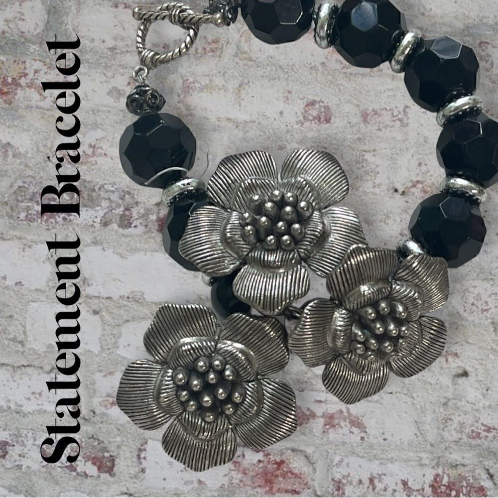 Silver-tone & Black Flowers Statement Bracelet